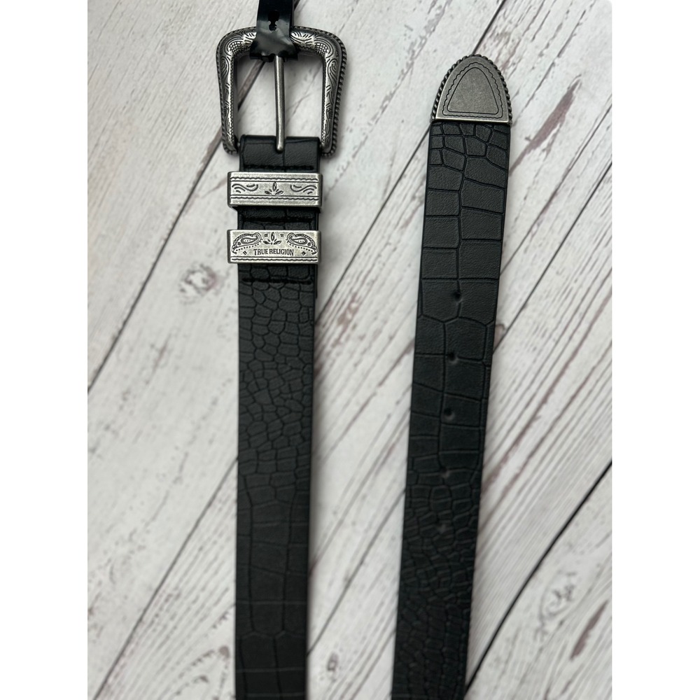 True Religion Mens Black Crocodile Embossed Western Belt Silver Engraved Buckle